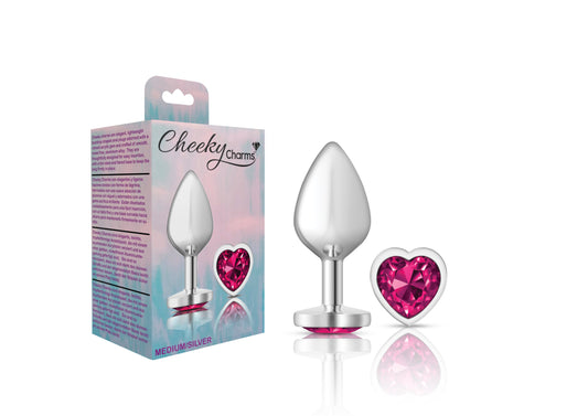 Cheeky Charms-Silver Metal Butt Plug- Heart-Bright Pink-Medium VB-CC9130