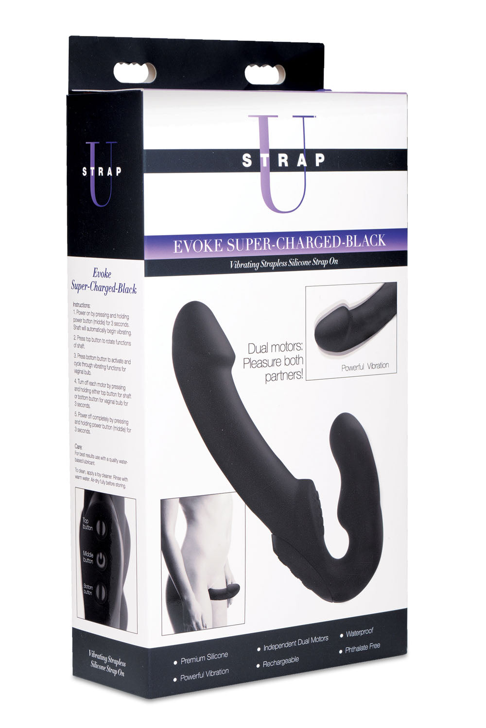 Evoke Rechargeable Vibrating Silicone Strapless Strap on - Black SU-AF624-BLK