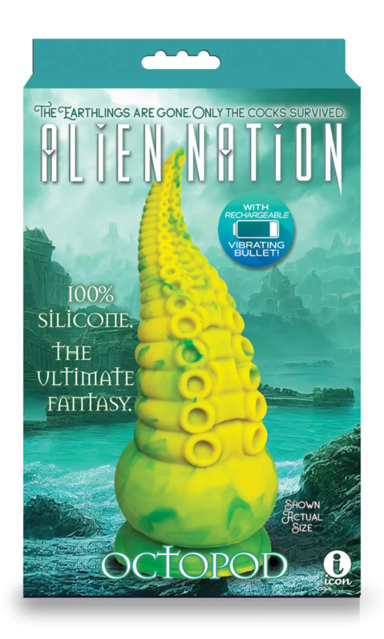 Alien Nation Octopod Silicone Rechargeable Vibrating Creature Dildo - Yellow and Green IC1354