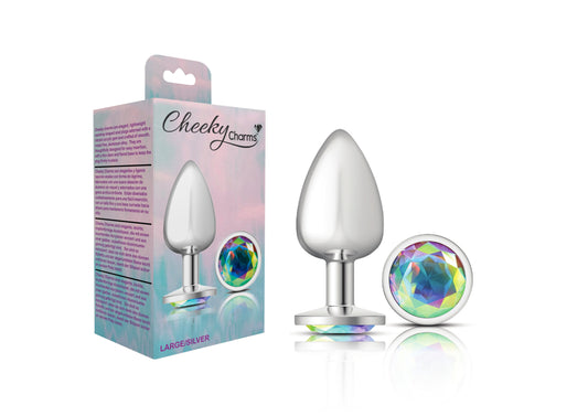 Cheeky Charms-Silver Metal Butt Plug- Round-Clear-Large VB-CC9116