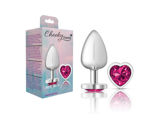 Cheeky Charms-Silver Metal Butt Plug- Heart-Bright Pink-Large VB-CC9131