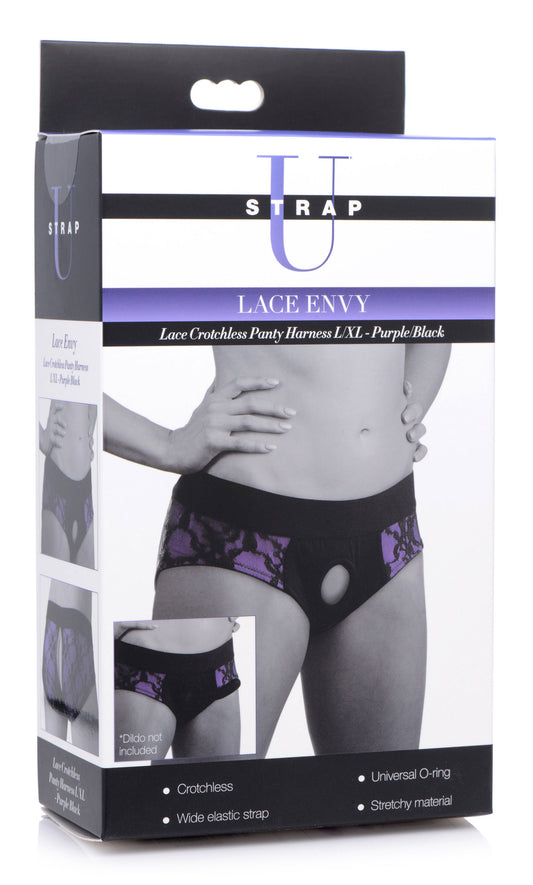 Lace Envy Crotchless Panty Harness - S/ M Black and Purple SU-AG451-SM