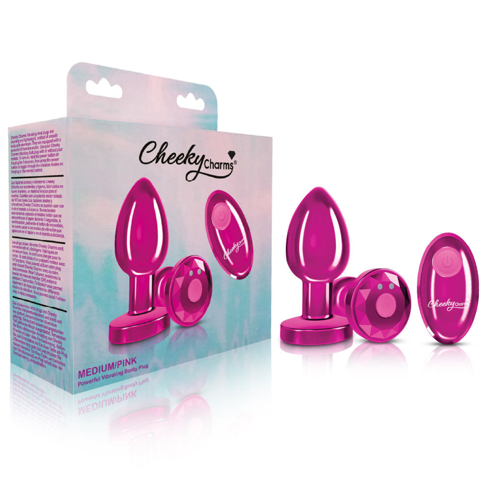 Cheeky Charms - Rechargeable Vibrating Metal Butt  Plug With Remote Control - Pink - Medium VB-CC9147
