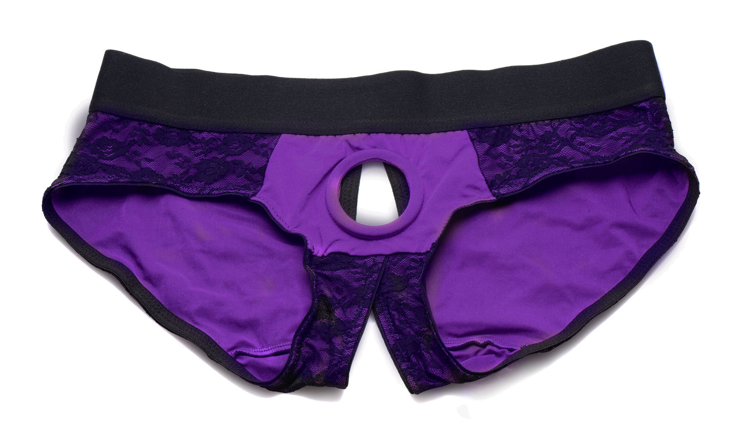 Lace Envy Crotchless Panty Harness - L/ XL Purple and Black SU-AG451-LXL