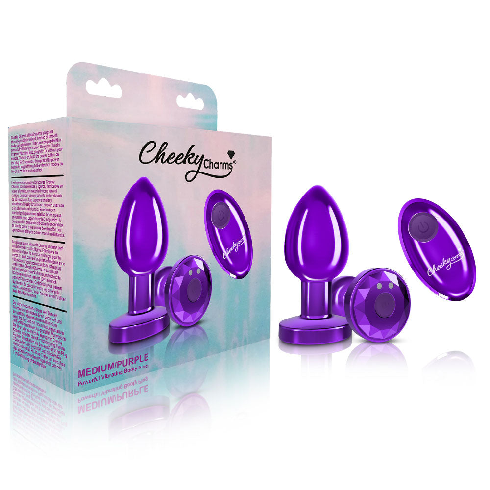 Cheeky Charms - Rechargeable Vibrating Metal Butt  Plug With Remote Control - Purple - Medium VB-CC9149