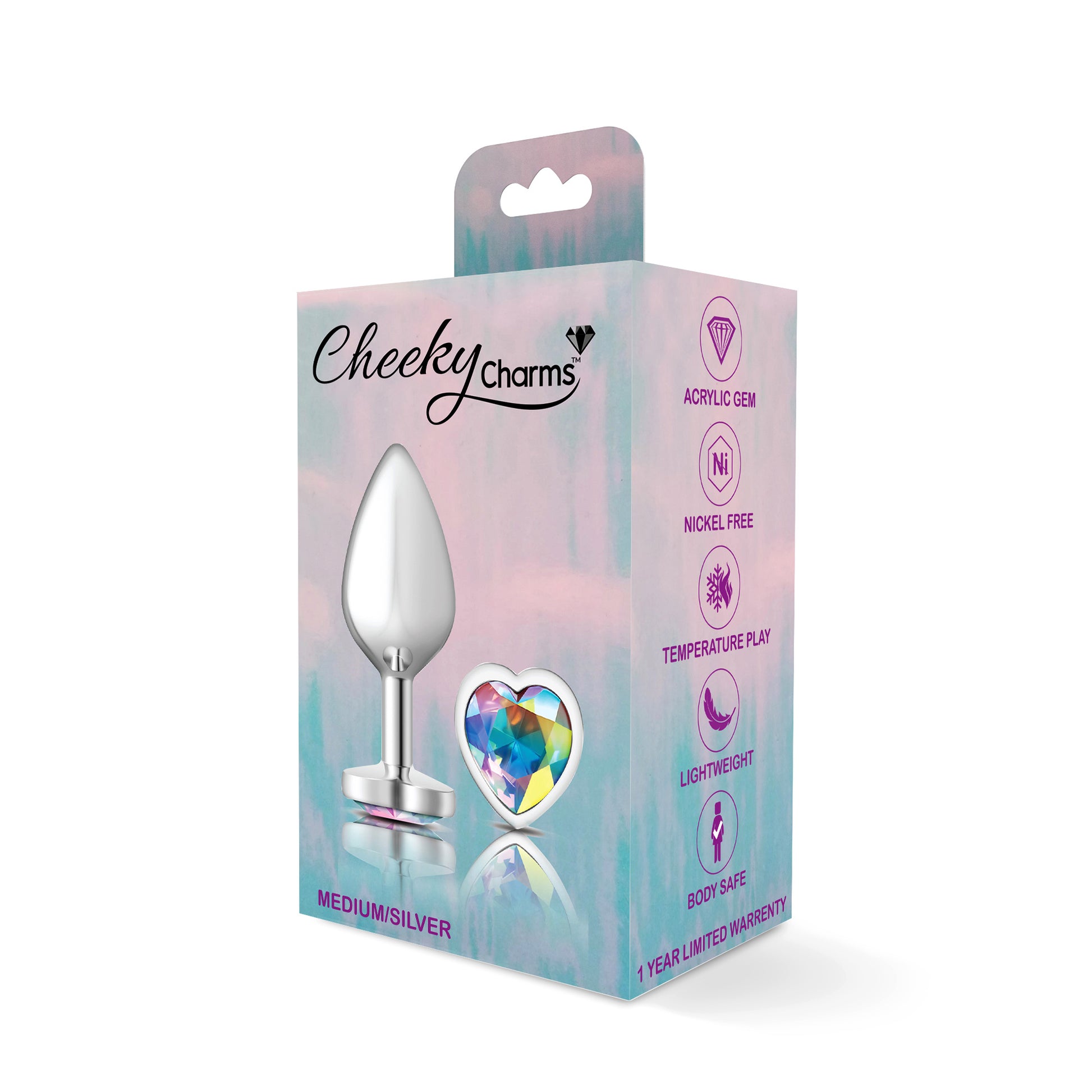 Cheeky Charms-Silver Metal Butt Plug- Heart-Clear-Medium VB-CC9127