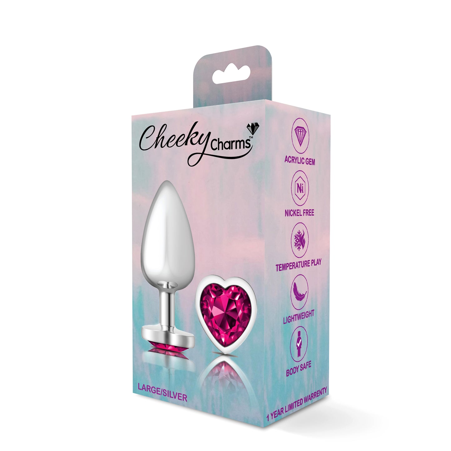 Cheeky Charms-Silver Metal Butt Plug- Heart-Bright Pink-Large VB-CC9131