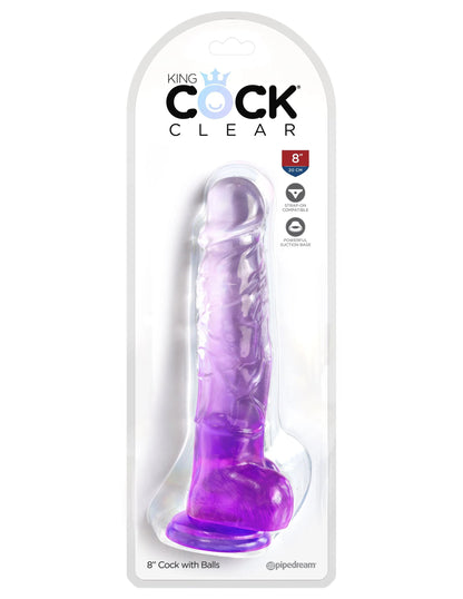 King Cock Clear 8 Inch With Balls - Purple PD5756-12