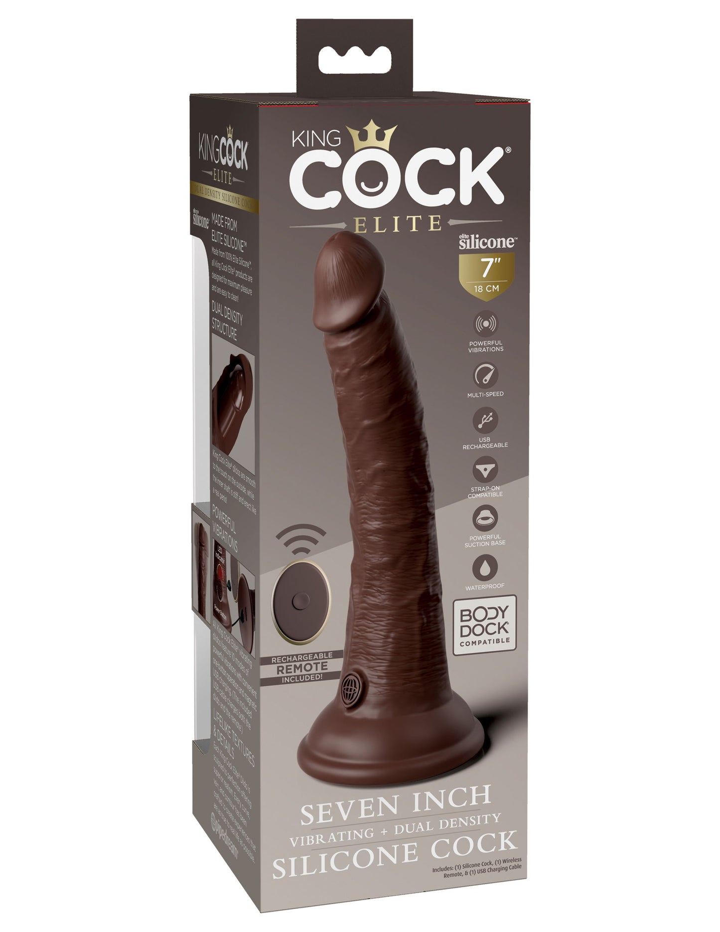 King Cock Elite 7 Inch Vibrating Silicone Dual  Silicone Dual Density Cock With Remote - Brown PD5777-29