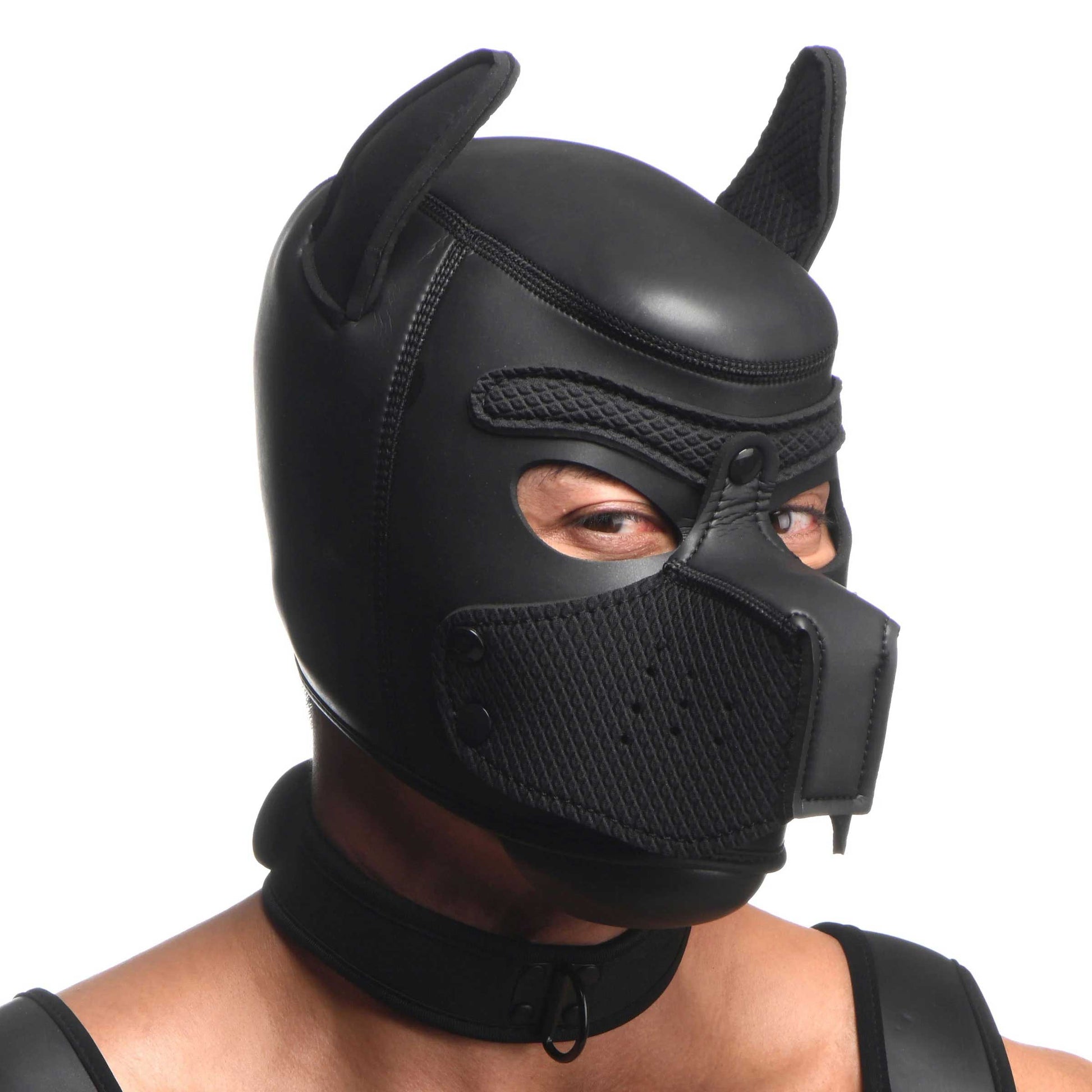 Full Pup Arsenal Set Neoprene Puppy Hood, Chest  Harness, Collar With Leash and Arm Band - Black MS-AH170