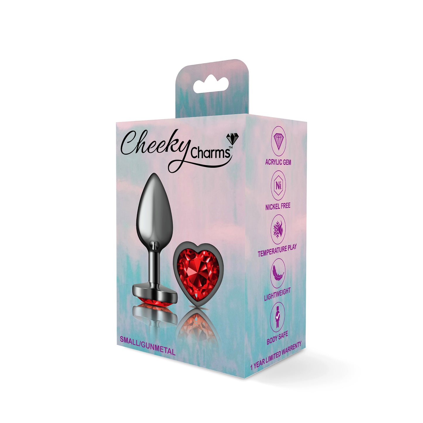 Cheeky Charms-Gunmetal Metal Butt Plug- Heart-Dark Red-Small VB-CC9135