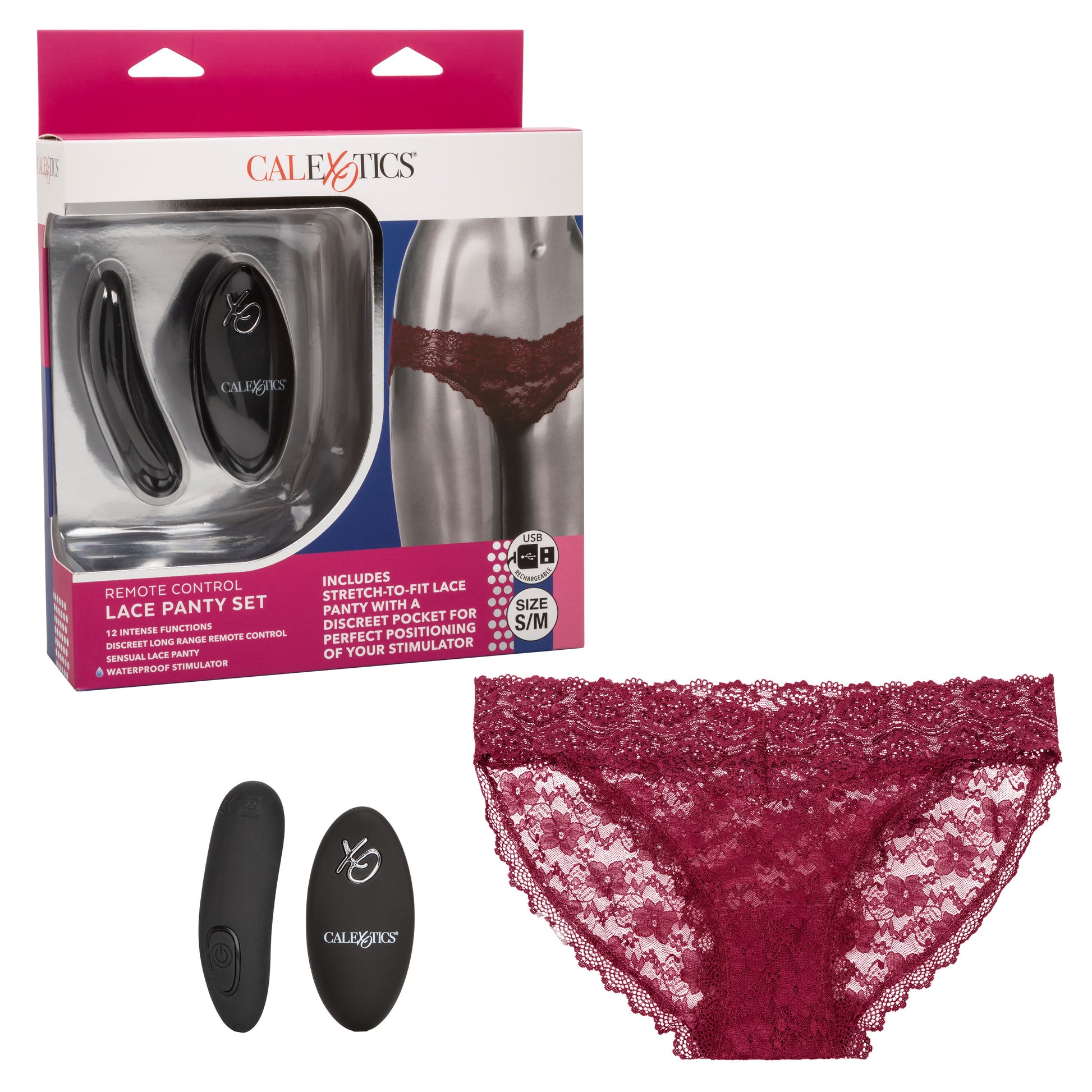 Remote Control Lace Panty Set - S/ M - Burgundy SE0077883