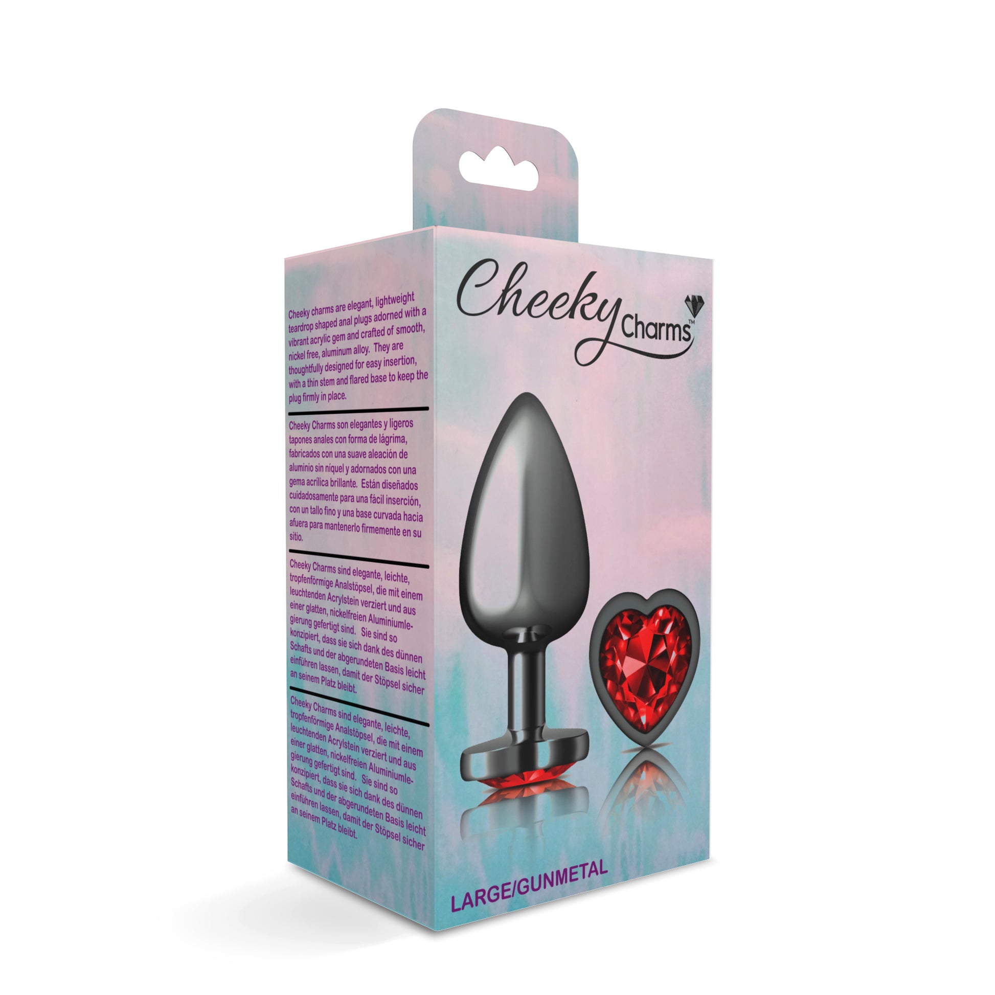 Cheeky Charms-Gunmetal Metal Butt Plug- Heart-Dark Red-Large VB-CC9137