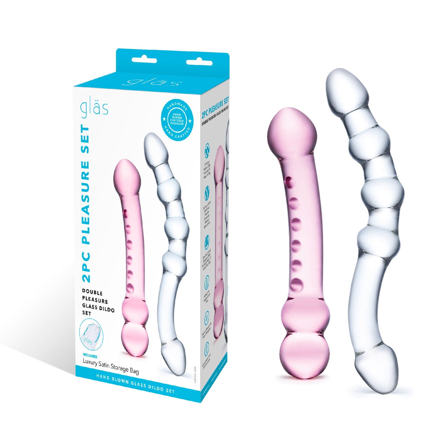 2 Pc Double Pleasure Glass Dildo Set - Pink/clear GLAS-SET-01