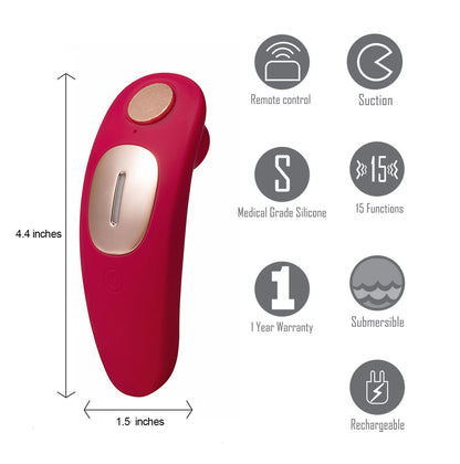 Remi 15-Function Rechargeable Remote Control   Suction Panty Vibe - Red MTMA2107
