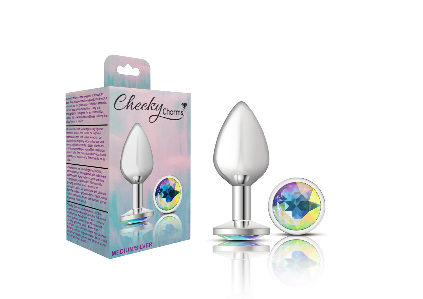 Cheeky Charms-Silver Metal Butt Plug- Round-Clear-Medium VB-CC9115