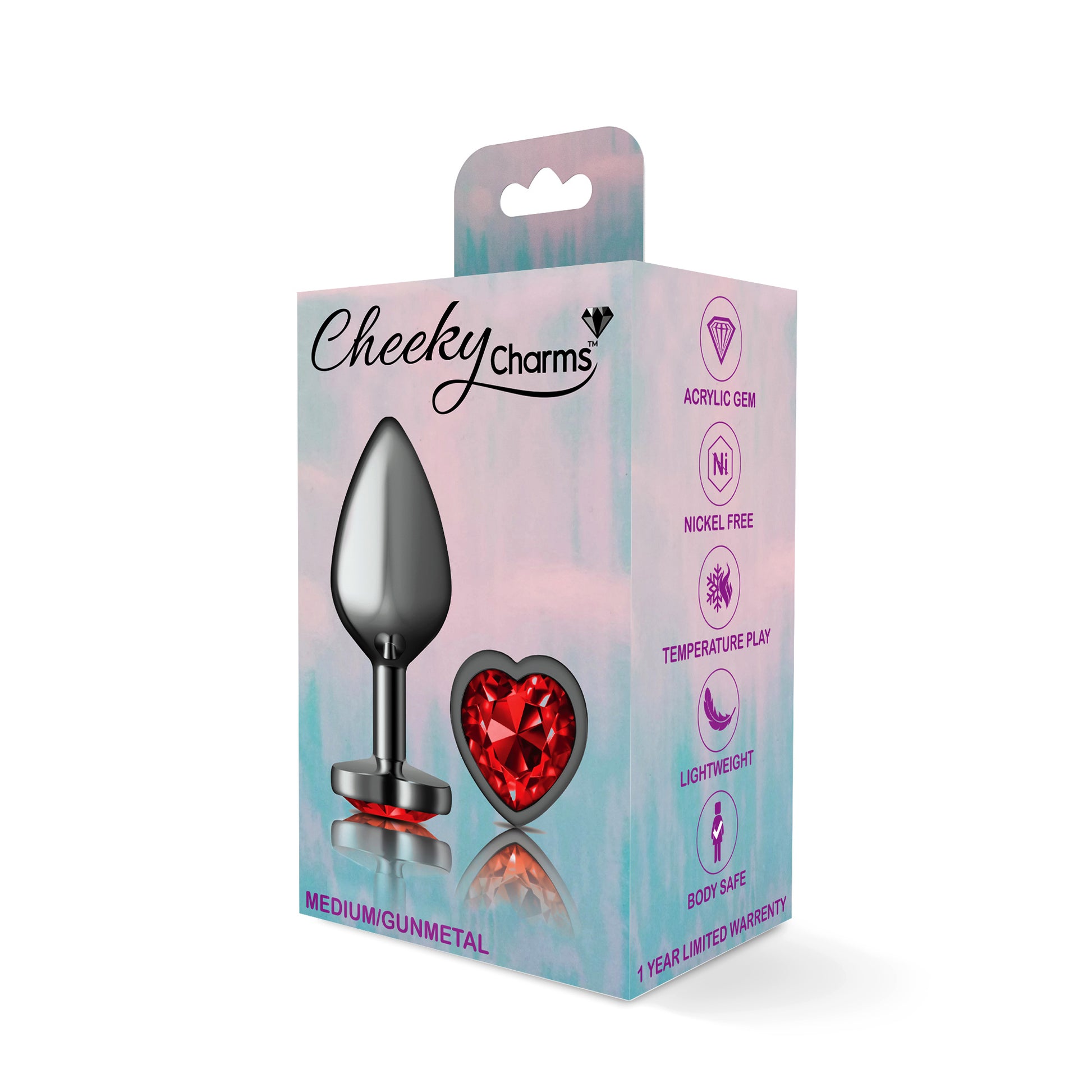 Cheeky Charms-Gunmetal Metal Butt Plug- Heart-Dark Red-Medium VB-CC9136