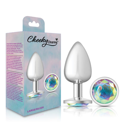 Clear Iridescent Round Gem Silver Metal Plug - Lg