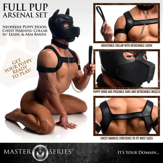 Full Pup Arsenal Set Neoprene Puppy Hood, Chest Harness, Collar With Leash and Arm Band - Black MS-AH170