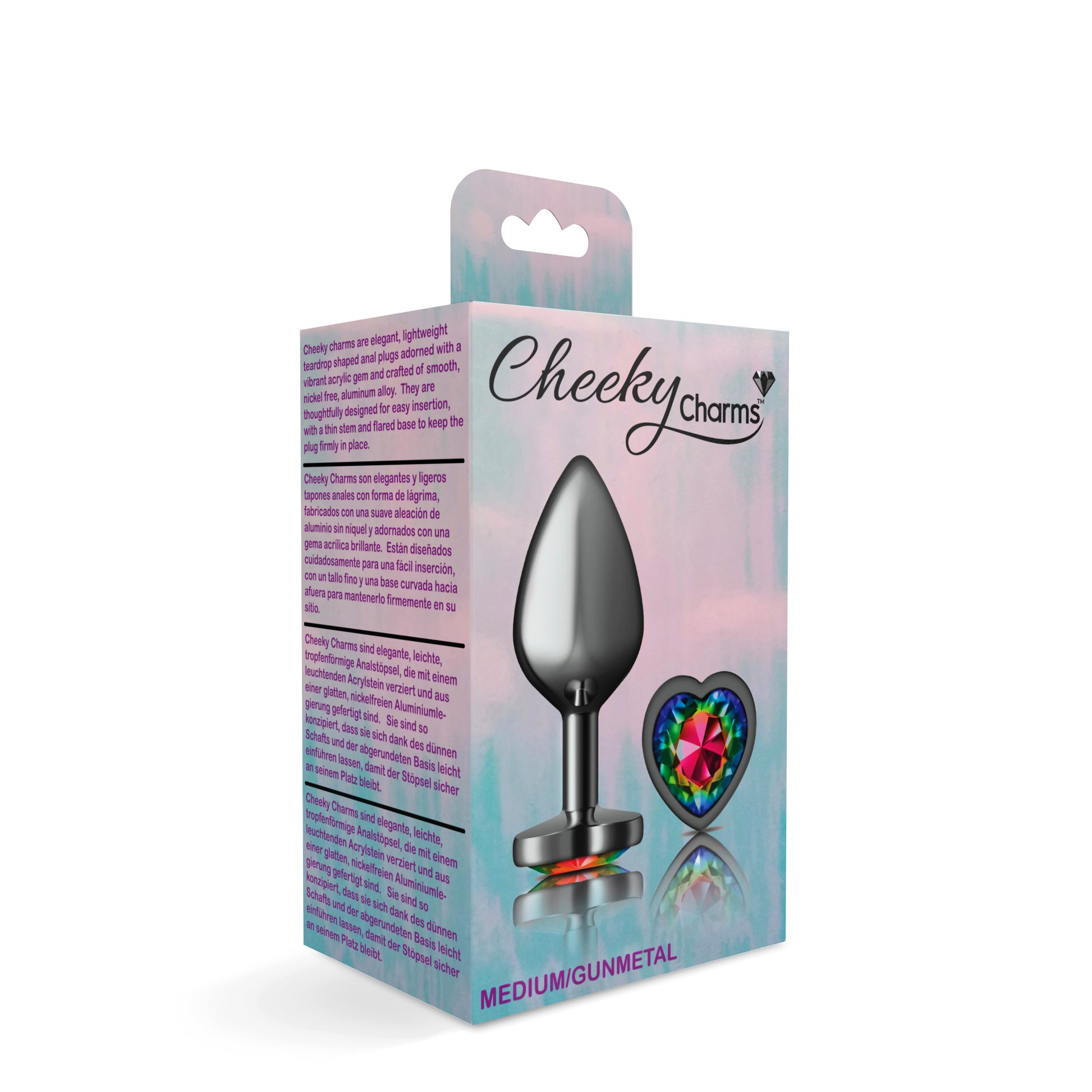 Cheeky Charms-Gunmetal Metal Buttplug- Heart-Rainbow-Medium VB-CC9133