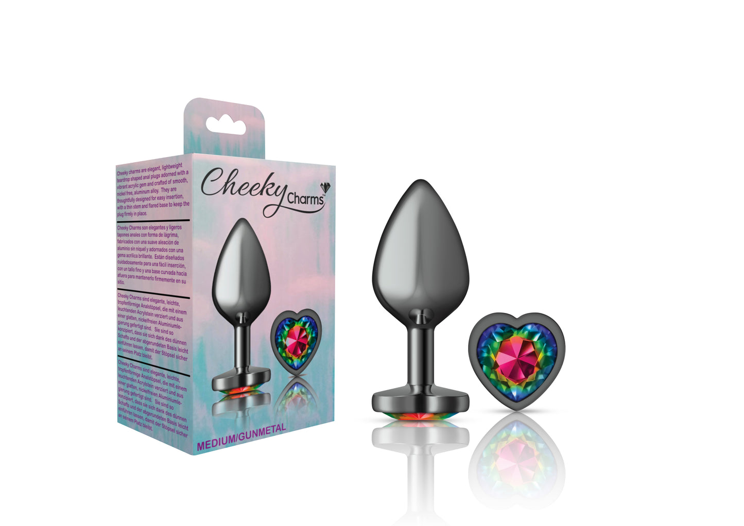 Cheeky Charms-Gunmetal Metal Buttplug- Heart-Rainbow-Medium VB-CC9133