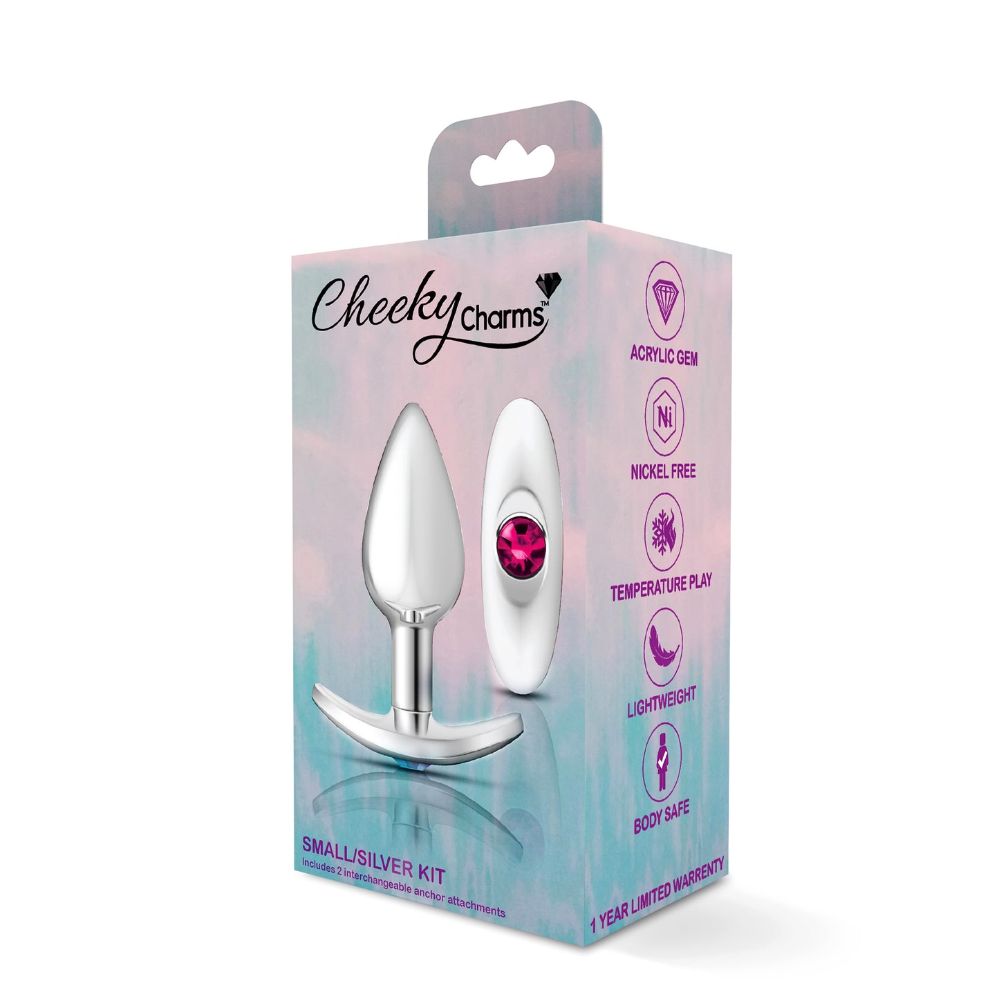 Cheeky Charms-Silver Metal Butt Plug Kit -Clear/bright Pink VB-CC9140