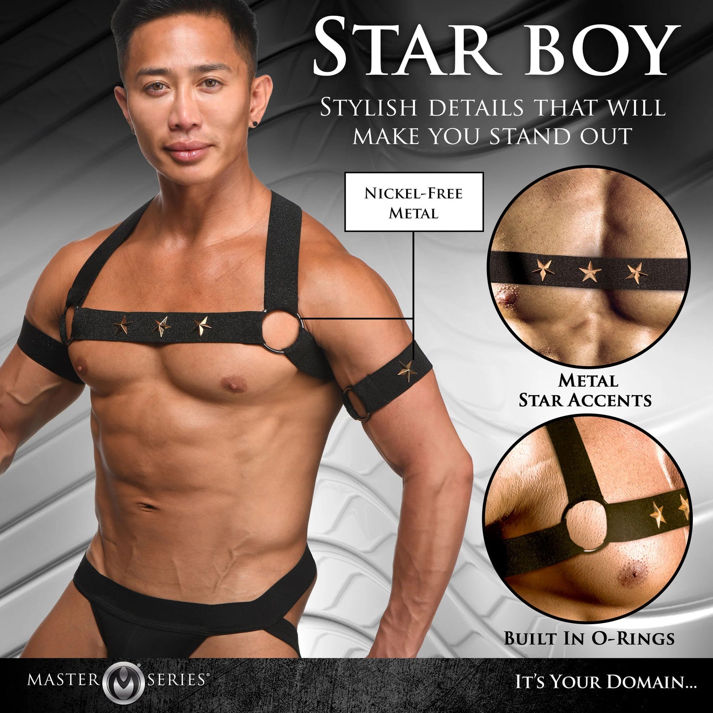 Star Boy Male Chest Harness With Arm Bands -  Small/medium - Black MS-AH332-SM
