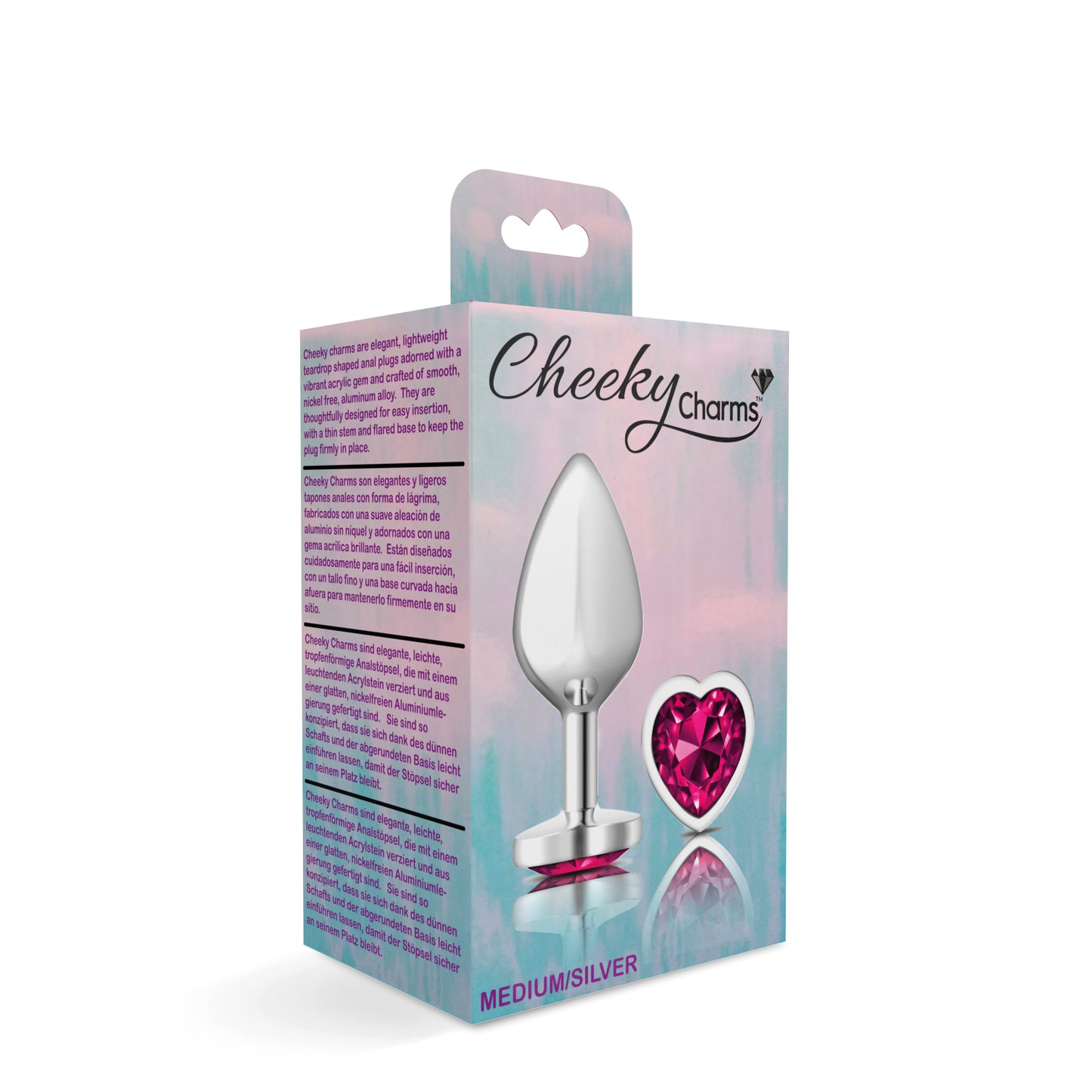 Cheeky Charms-Silver Metal Butt Plug- Heart-Bright Pink-Medium VB-CC9130