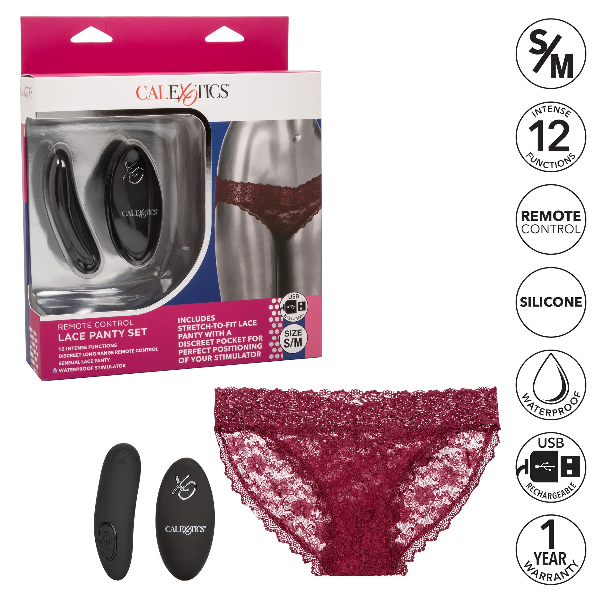 Remote Control Lace Panty Set - S/ M - Burgundy SE0077883