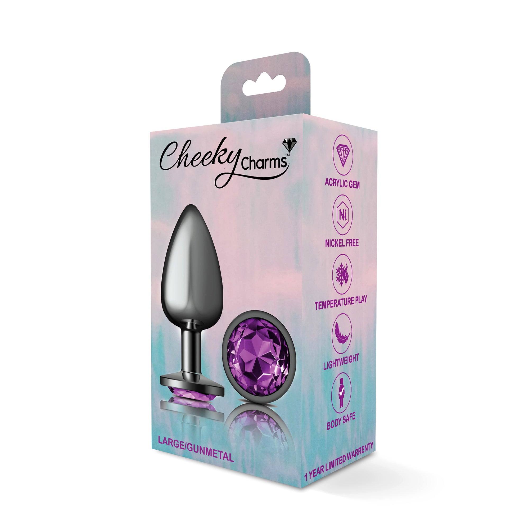 Cheeky Charms-Gunmetal Metal Butt Plug- Round-Deep Purple-Large VB-CC9125