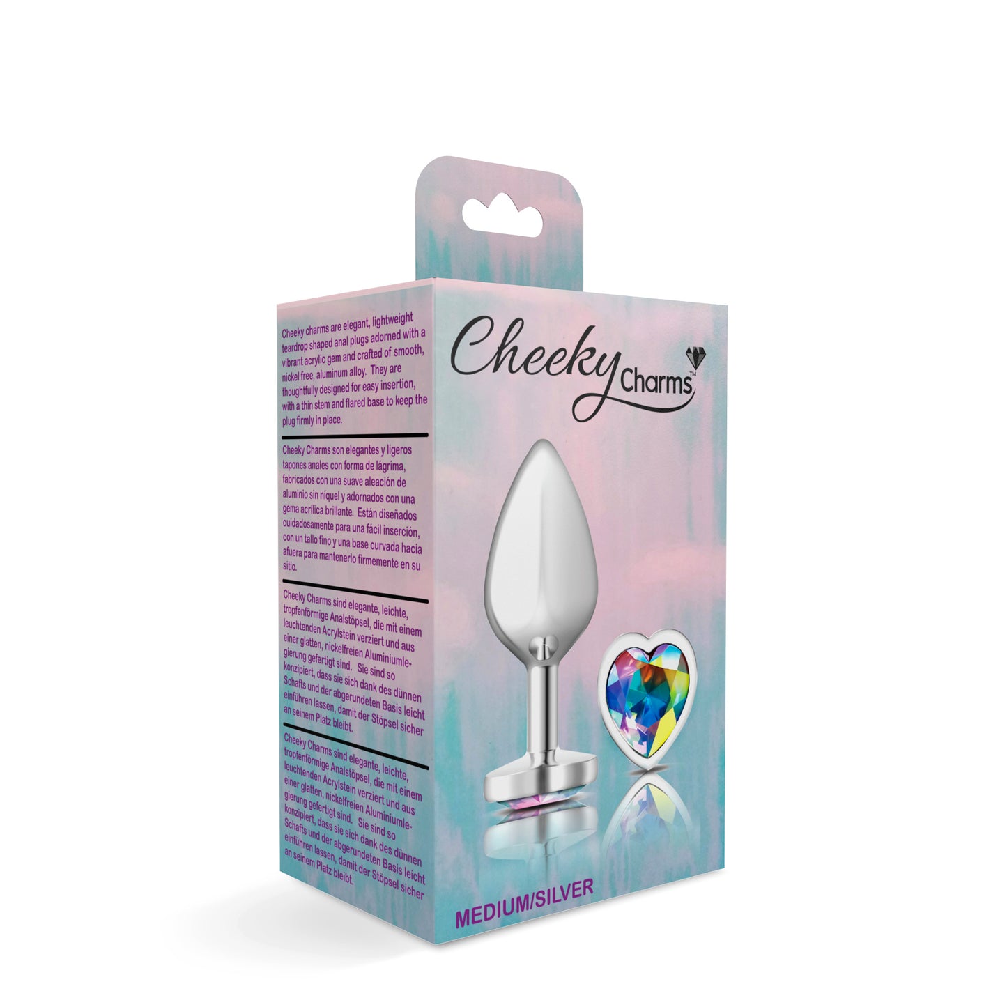 Cheeky Charms-Silver Metal Butt Plug- Heart-Clear-Medium VB-CC9127