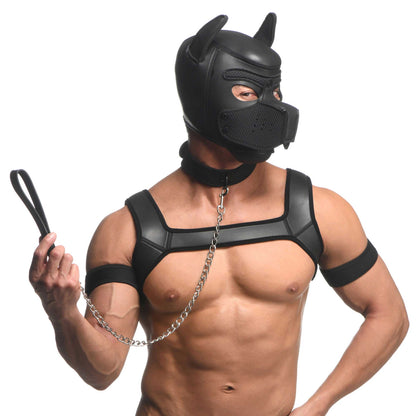 Full Pup Arsenal Set Neoprene Puppy Hood, Chest  Harness, Collar With Leash and Arm Band - Black MS-AH170