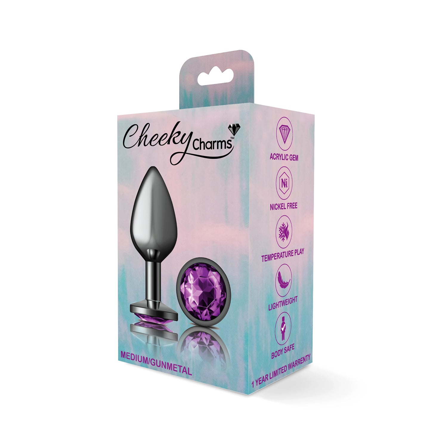 Cheeky Charms-Gunmetal Metal Butt Plug- Round-Deep Purple-Medium VB-CC9124