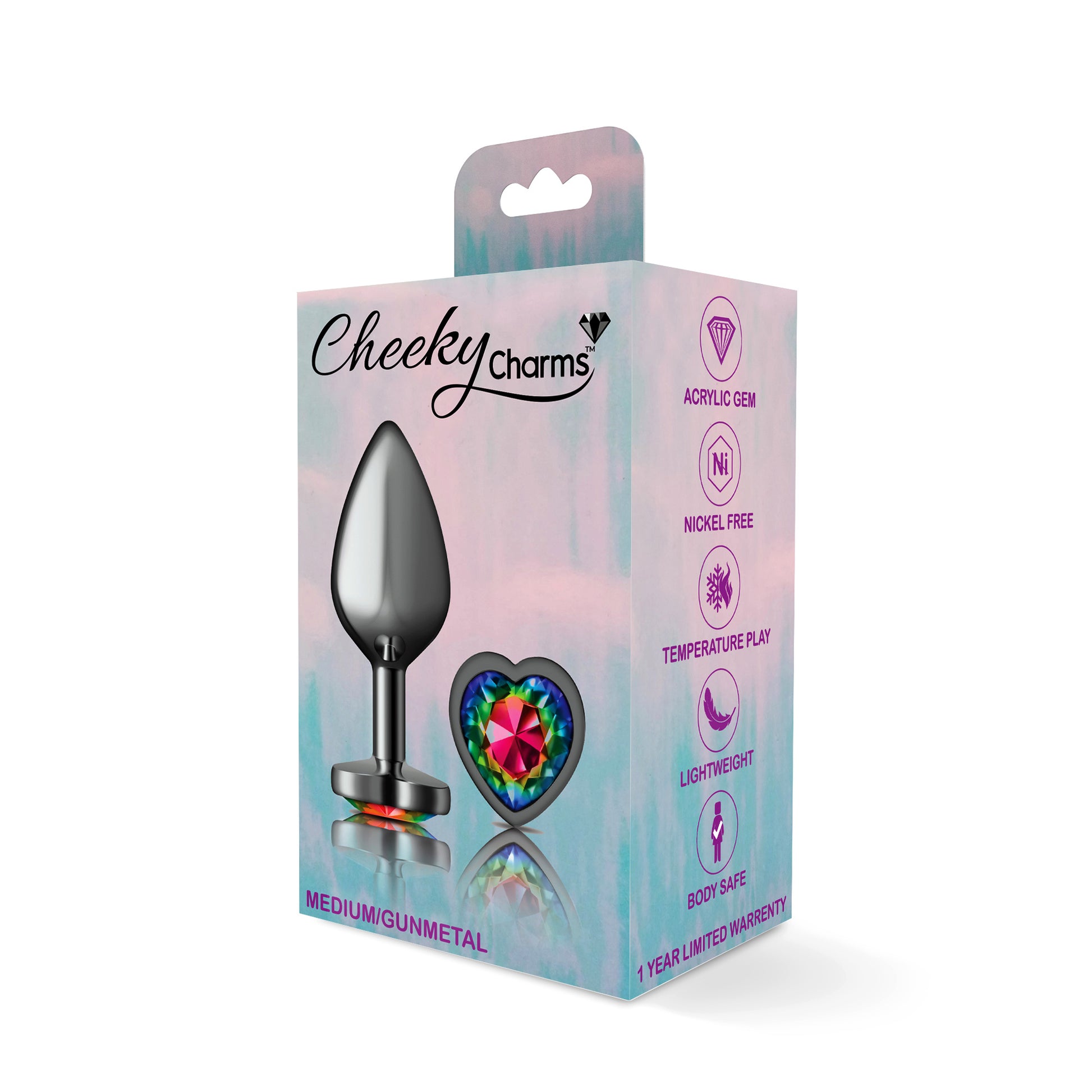 Cheeky Charms-Gunmetal Metal Buttplug- Heart-Rainbow-Medium VB-CC9133