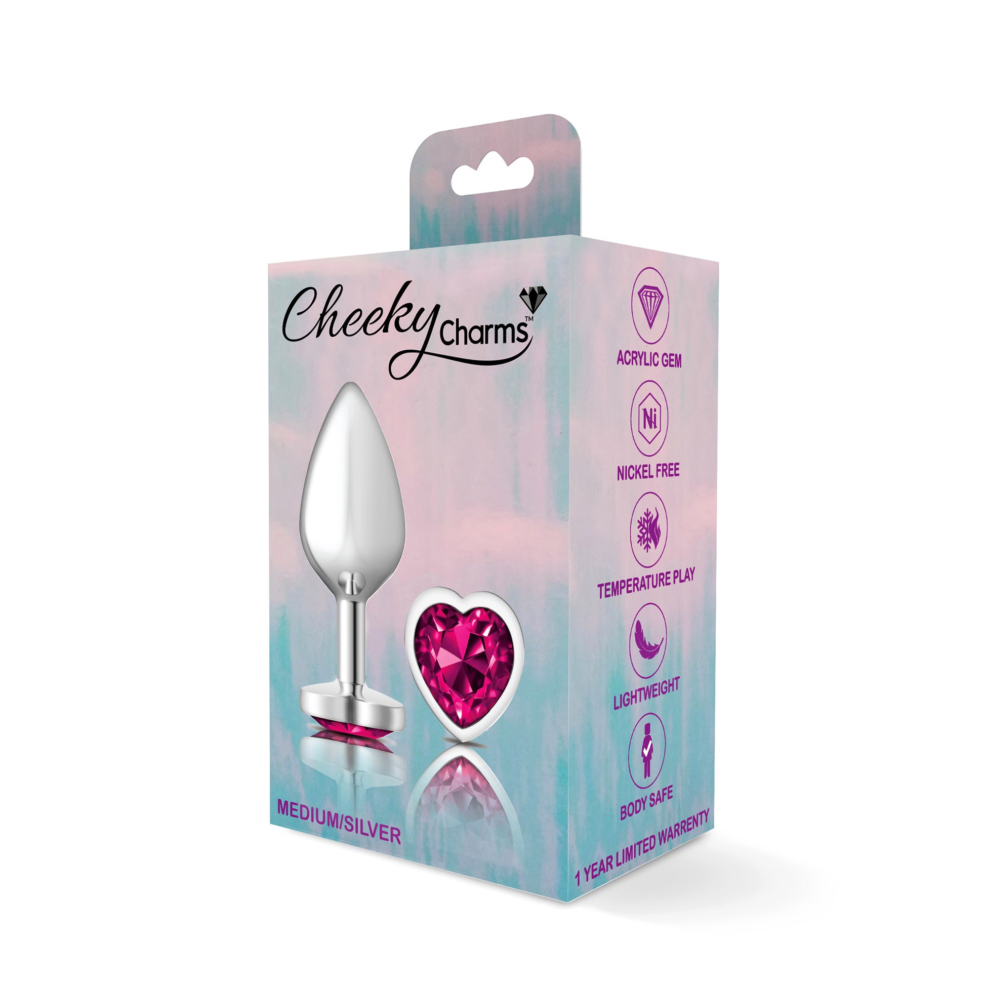 Cheeky Charms-Silver Metal Butt Plug- Heart-Bright Pink-Medium VB-CC9130