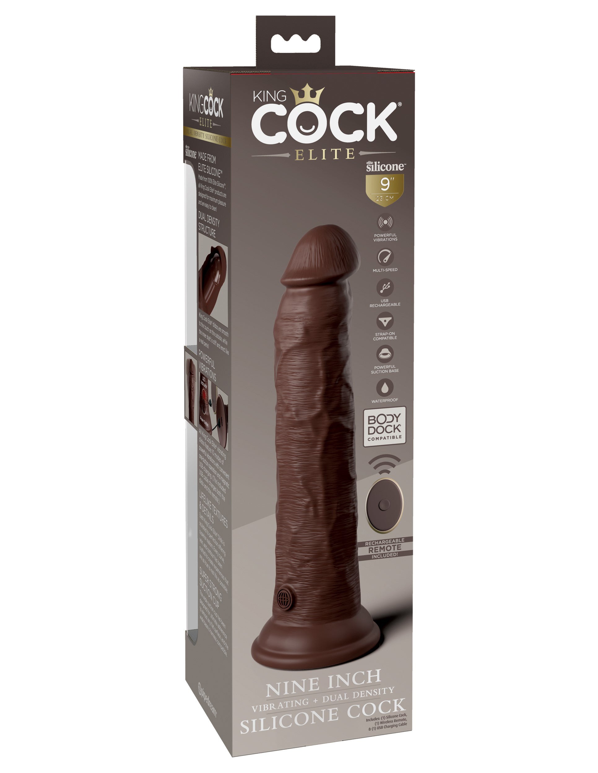 King Cock Elite 9 Inch Vibrating Silicone Dual  Density Cock With Remote - Brown PD5779-29