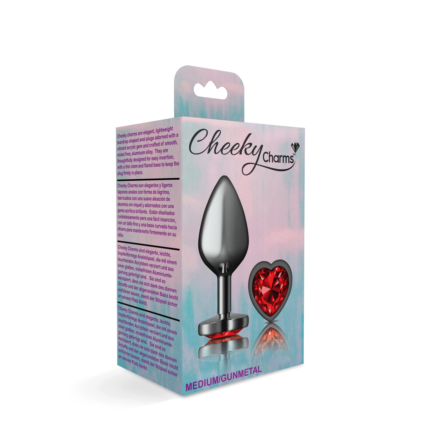 Cheeky Charms-Gunmetal Metal Butt Plug- Heart-Dark Red-Medium VB-CC9136