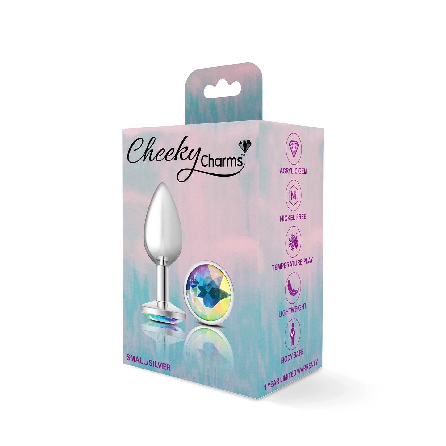 Cheeky Charms-Silver Metal Butt Plug- Round-Clear-Small VB-CC9114