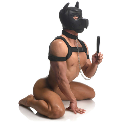 Full Pup Arsenal Set Neoprene Puppy Hood, Chest  Harness, Collar With Leash and Arm Band - Black MS-AH170