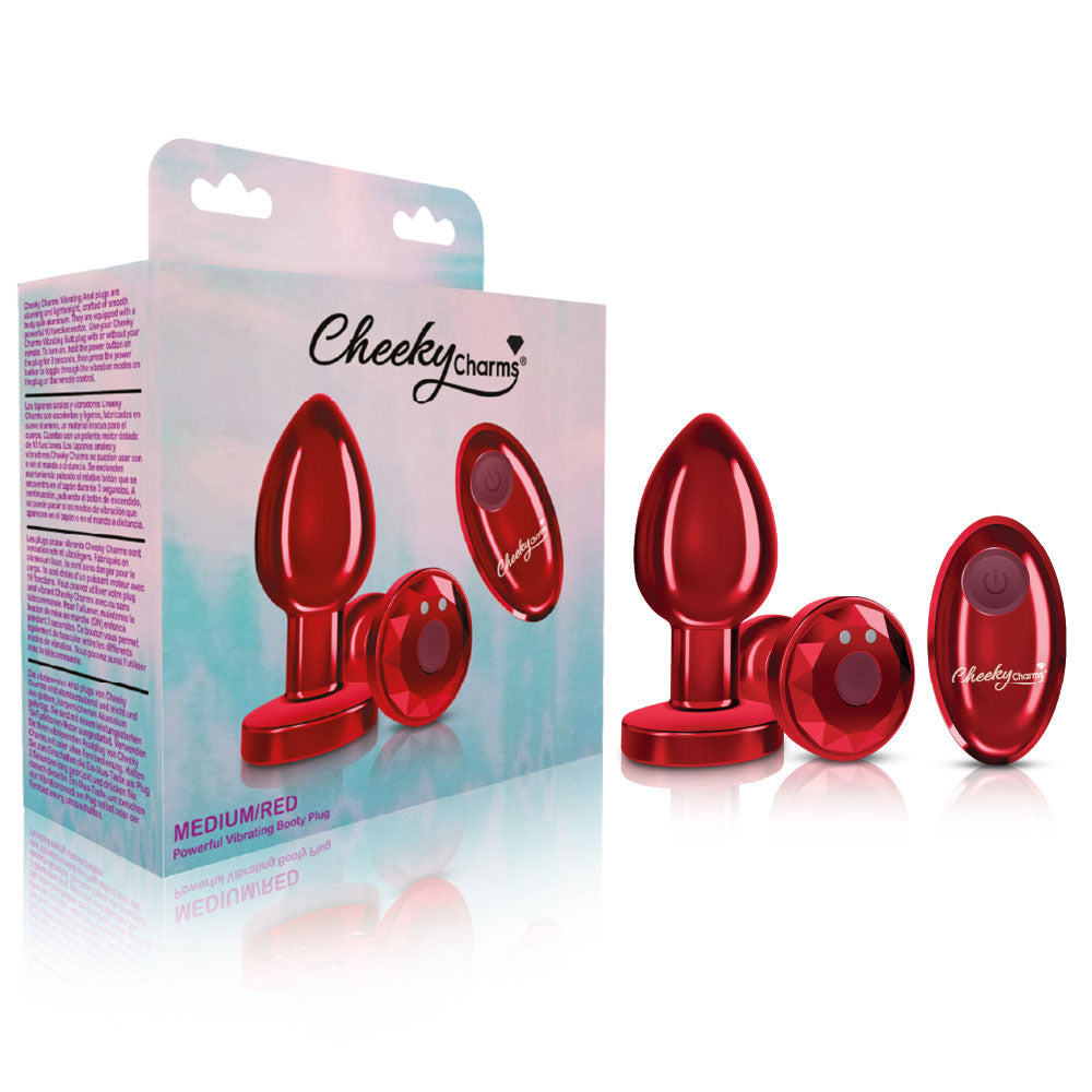 Cheeky Charms - Rechargeable Vibrating Metal Butt  Plug With Remote Control - Red - Medium VB-CC9143