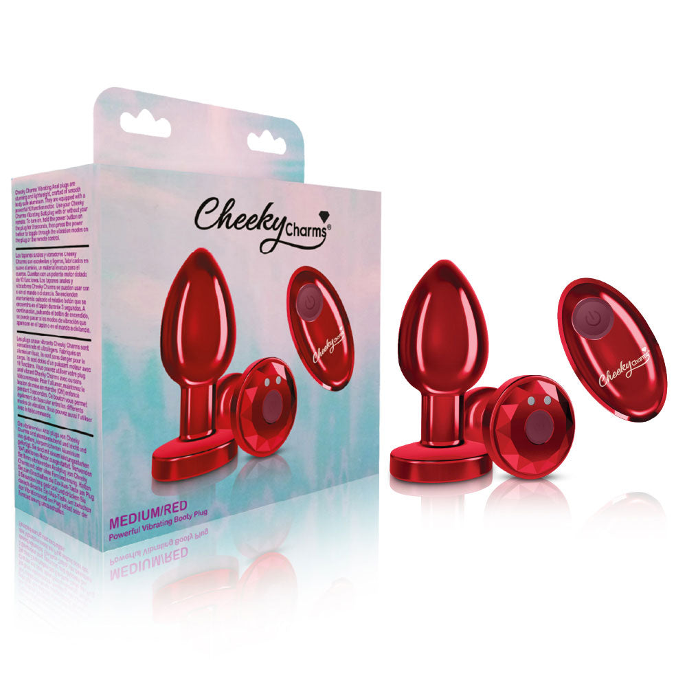 Cheeky Charms - Rechargeable Vibrating Metal Butt  Plug With Remote Control - Red - Medium VB-CC9143