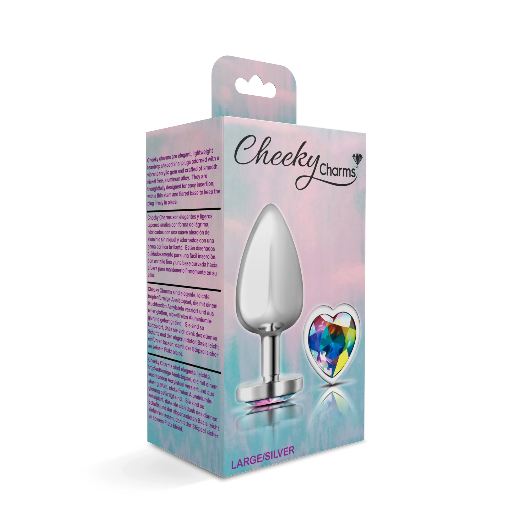 Cheeky Charms-Silver Metal Butt Plug- Heart-Clear-Large VB-CC9128