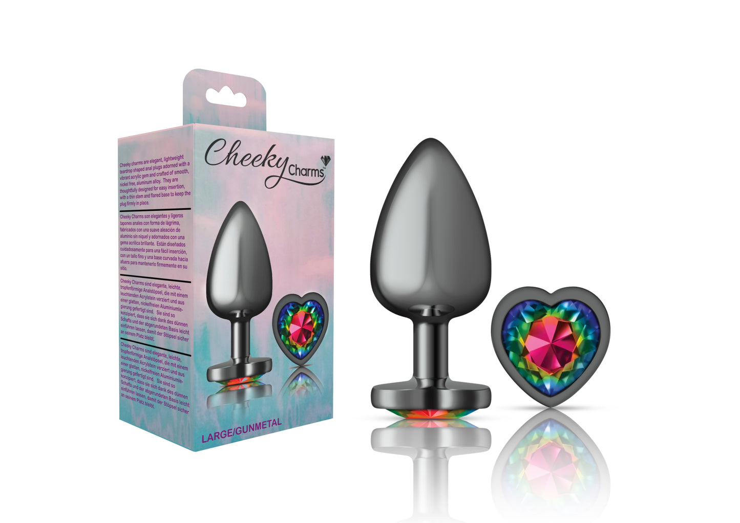 Cheeky Charms-Gunmetal Metal Butt Plug- Heart-Rainbow-Large VB-CC9134