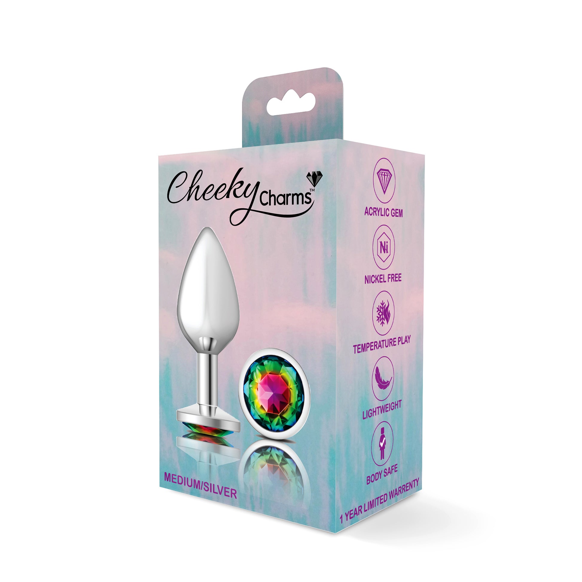 Cheeky Charms-Silver Metal Butt Plug- Round-Rainbow-Medium VB-CC9118