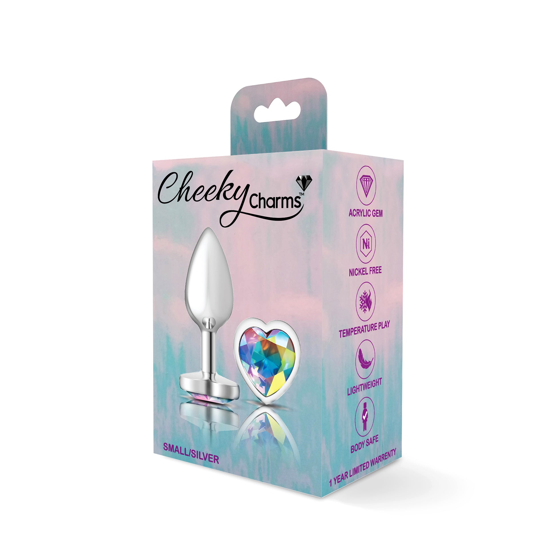 Cheeky Charms-Silver Metal Butt Plug- Heart-Clear-Small VB-CC9126